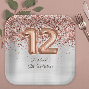 Assiettes En Carton Fête d'anniversaire de 12 ans Rose Gold Silver