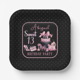 Assiettes En Carton Fête d'anniversaire de 13 ans Glam Rose Noir