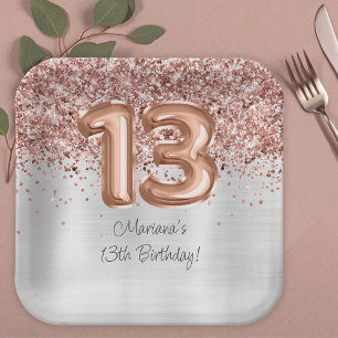 Assiettes En Carton Fête d'anniversaire de 13 ans Rose Gold Argent