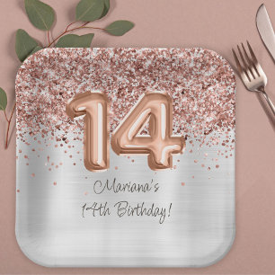 Assiettes En Carton Fête d'anniversaire de 14 ans Rose Gold Argent