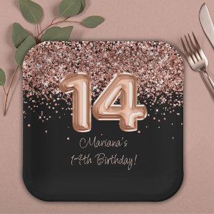 Assiettes En Carton Fête d'anniversaire de 14 ans Rose Gold Black