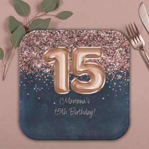 Assiettes En Carton Fête d'anniversaire de 15 ans Rose Gold Navy Blue