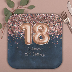 Assiettes En Carton Fête d'anniversaire de 18 ans Rose Gold Navy Blue