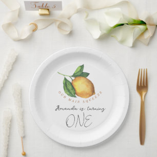 Assiettes En Carton Fête d'anniversaire de 1 an à l'aquarelle citron