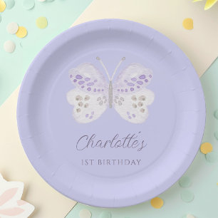 Assiettes En Carton Fête d'anniversaire de 1 an Papillon Aquarelle Lav
