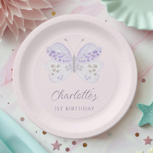 Assiettes En Carton Fête d'anniversaire de 1 an Papillon Lavande Aquar
