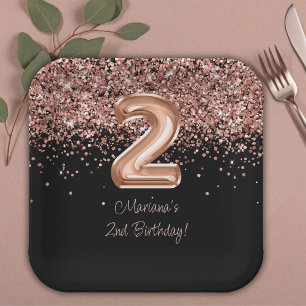 Assiettes En Carton Fête d'anniversaire de 2 ans Rose Gold Black