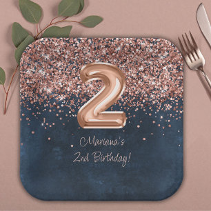 Assiettes En Carton Fête d'anniversaire de 2 ans Rose Gold Navy Blue