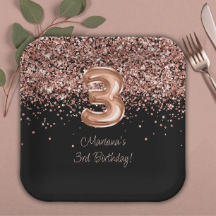 Assiettes En Carton Fête d'anniversaire de 3 ans Rose Gold Black