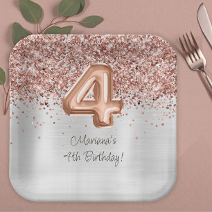 Assiettes En Carton Fête d'anniversaire de 4 ans Rose Gold Argent