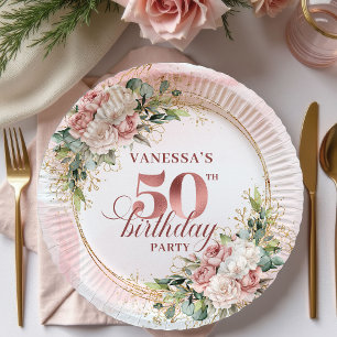 Assiettes En Carton Fête d'anniversaire de 50 ans élégante rose gold b