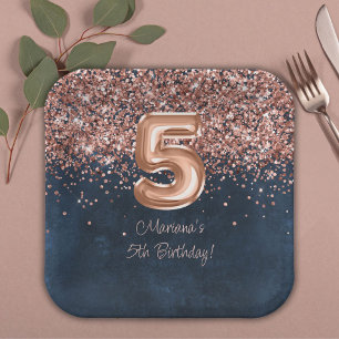 Assiettes En Carton Fête d'anniversaire de 5 ans Rose Gold Navy Blue