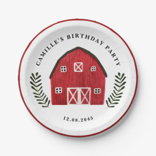 Assiettes En Carton Fête d'anniversaire de ferme avec grange rouge aqu