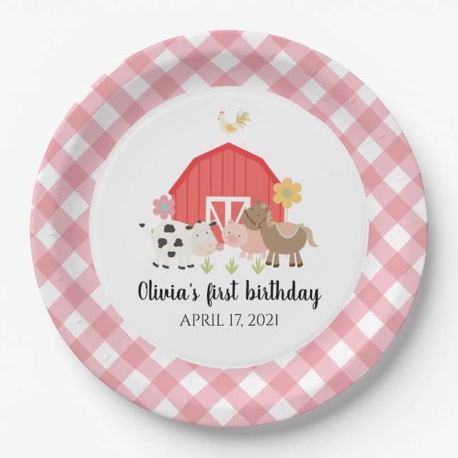 Assiettes En Carton Fête d'anniversaire de ferme Plaques rose plaid (Devant)