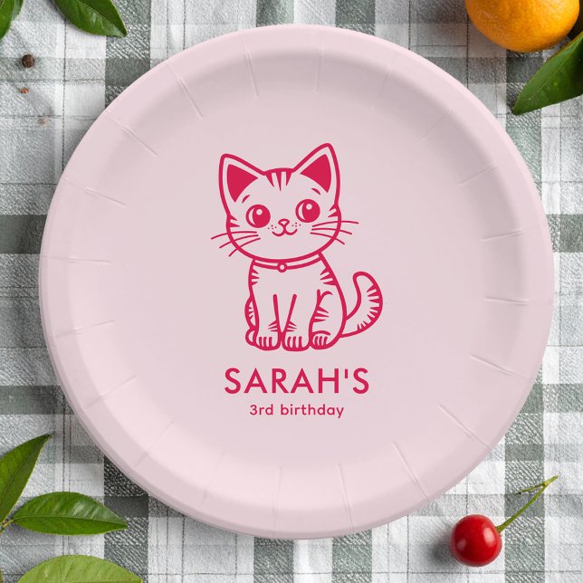 Assiettes En Carton Fête d'anniversaire de fille avec chaton de couleu (Créateur téléchargé)