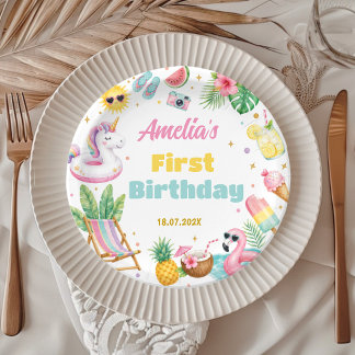 Assiettes En Carton Fête d'anniversaire de fille de plage d'été tropic