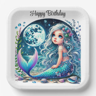 Assiettes En Carton Fête d'anniversaire de fille sirène lunatique