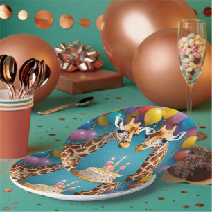 Assiettes En Carton Fête D'Anniversaire De Giraffe Avec Gâteau De Ball
