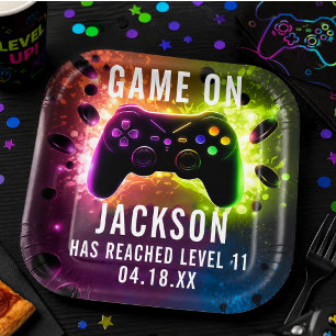 Assiettes En Carton Fête d'anniversaire de jeu vidéo néon - Niveau su