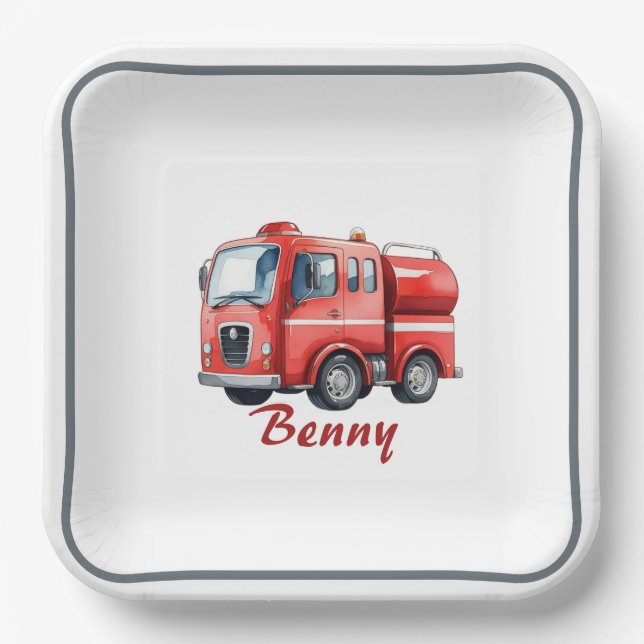 Assiettes En Carton Fête d'anniversaire de la camionnette rouge (Recto)