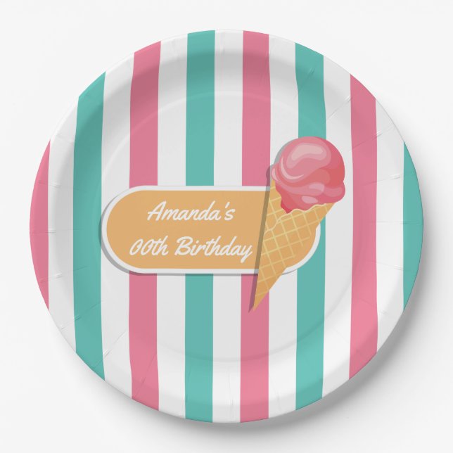 Assiettes En Carton Fête d'anniversaire de la crème glacée personnalis (Devant)