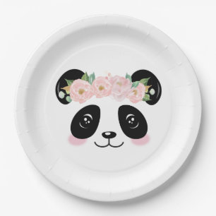Assiettes En Carton Fête d'anniversaire de la Cute Panda Florale Rose