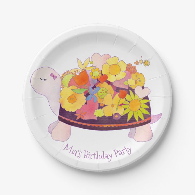 Assiettes En Carton Fête d'anniversaire de la tortue florale (Devant)
