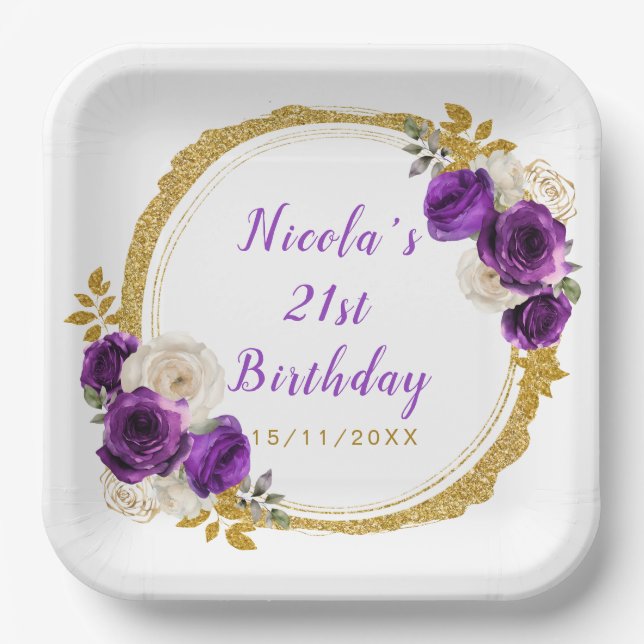 Assiettes En Carton Fête d'anniversaire de l'élégante fleur violet fon (Recto)