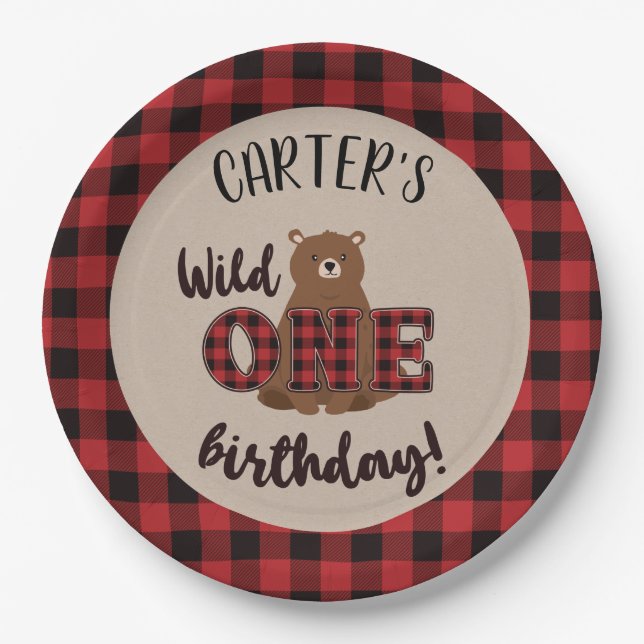 Assiettes En Carton Fête d'anniversaire de l'Ours Plaid Wild ONE (Devant)