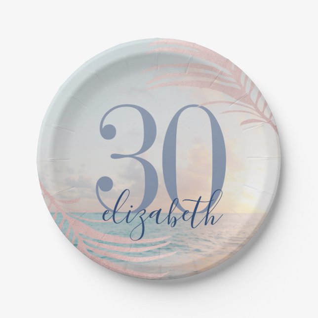 Assiettes En Carton Fête d'anniversaire de plage Nom d'âge personnalis (Devant)