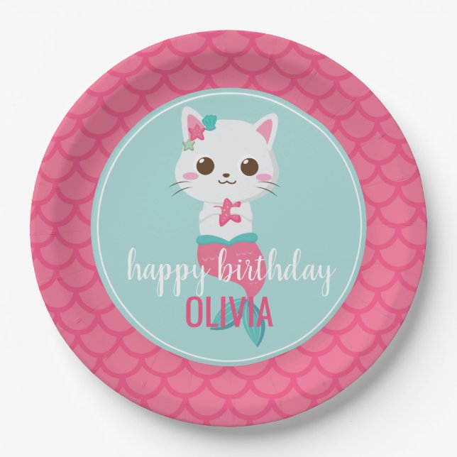 Assiettes En Carton Fête d'anniversaire de Purmaid Mermaid Kitty Pink  (Devant)