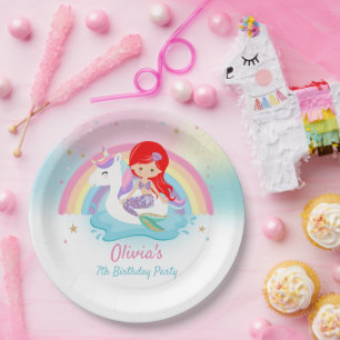 Assiettes En Carton Fête d'anniversaire de Red Hair Mermaid et Unicorn