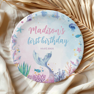Assiettes En Carton Fête d'anniversaire de sirène pastel sous la mer