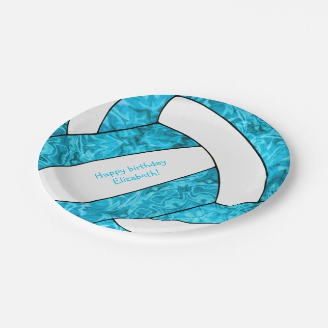 Assiettes En Carton fête d'anniversaire de volley-ball de fille bleu t (Angle)