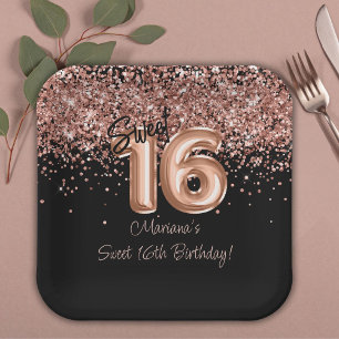 Assiettes En Carton Fête d'anniversaire des 16 ans Rose Gold Black Swe