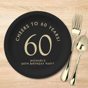 Assiettes En Carton Fête d'anniversaire des 60 ans élégante noir or