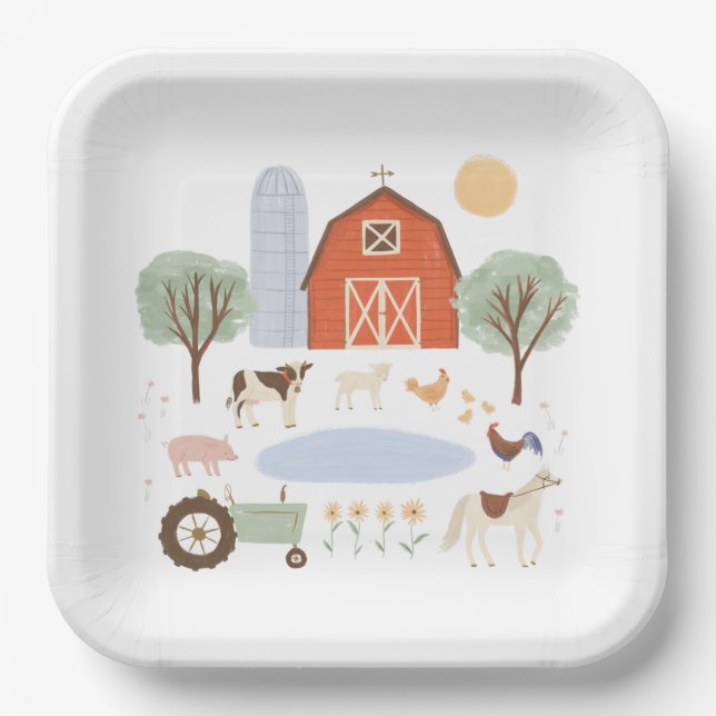 Assiettes En Carton Fête d'anniversaire des animaux de ferme (Recto)