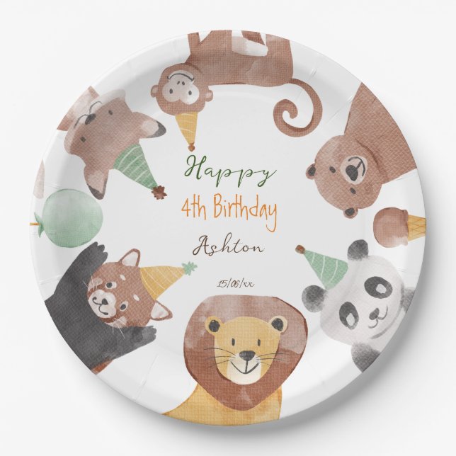 Assiettes En Carton Fête d'anniversaire des animaux de fête personnali (Devant)
