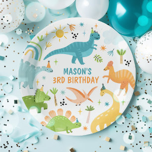 Assiettes En Carton Fête d'anniversaire dinosaure bleu