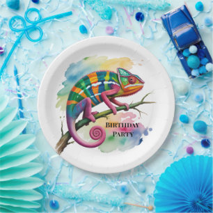 Assiettes En Carton Fête d'anniversaire du caméléon aquarelle coloré