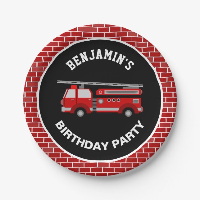 Assiettes En Carton Fête d'anniversaire du camion d'incendie (Devant)