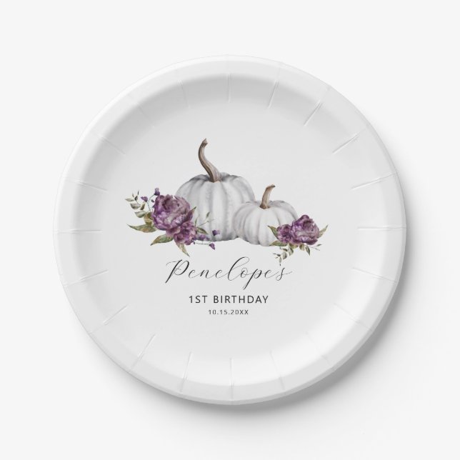 Assiettes En Carton Fête d'anniversaire du Citrouille floral pourpre (Devant)