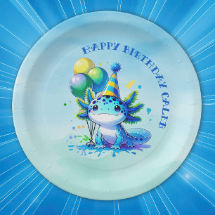 Assiettes En Carton Fête d'anniversaire du garçon Axolotl bleu et vert