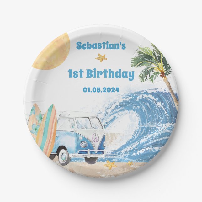 Assiettes En Carton Fête d'anniversaire du surf de plage (Devant)
