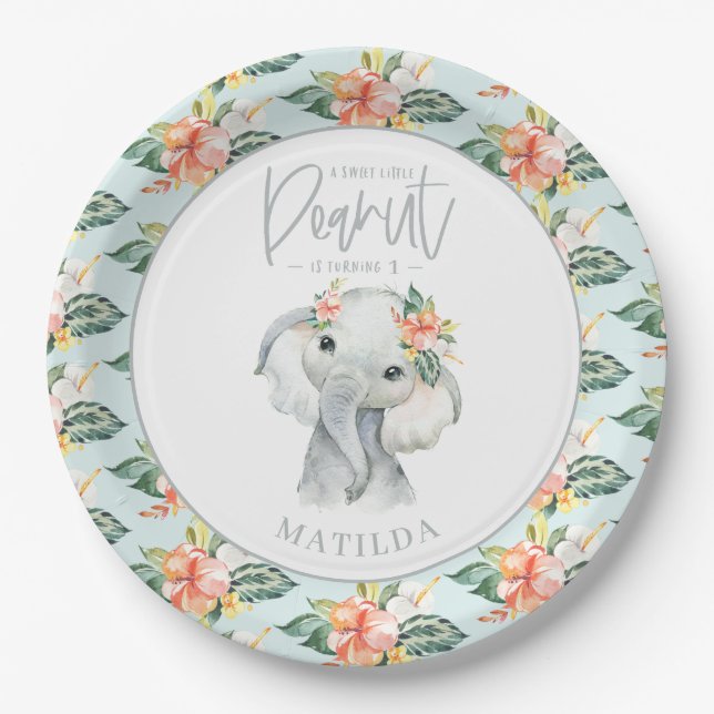 Assiettes En Carton Fête d'anniversaire d'un éléphant à l'aquarelle (Devant)