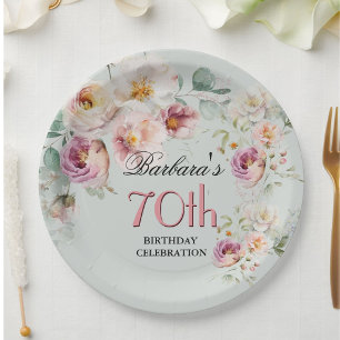 Assiettes En Carton *Fête d'anniversaire élégante aquarelle florale 70