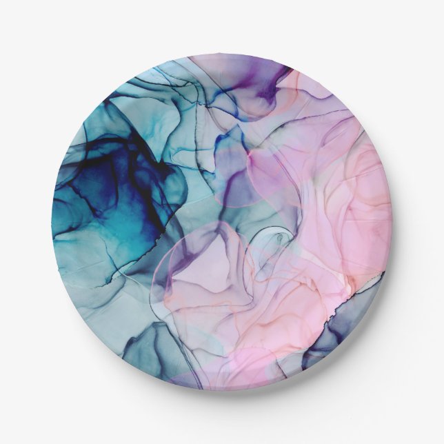 Assiettes En Carton Fête d'anniversaire Ethereal Turquoise & rose Inky (Devant)