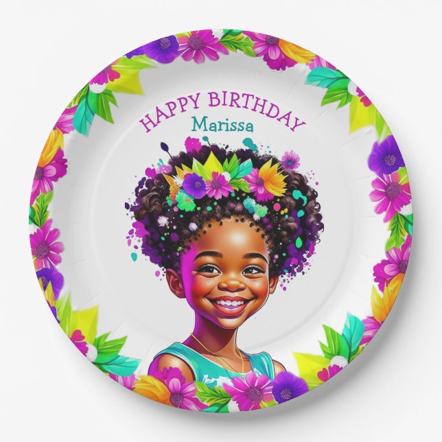 Assiettes En Carton Fête d'anniversaire Fille afro-américaine personna (Devant)