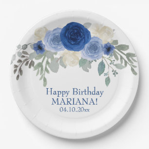 Assiettes En Carton Fête d'anniversaire florale élégante bleu marine