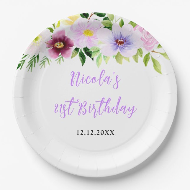 Assiettes En Carton Fête d'anniversaire florale violette de printemps (Devant)